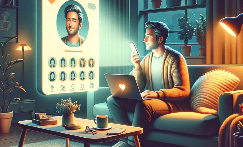 Изображение одинокого мужчины, созданное искусственным интеллектом, сидящего на диване в комнате с теплым освещением, с открытым ноутбуком в руках и телефоном, редактирующим свой профиль на знакомственном сайте.