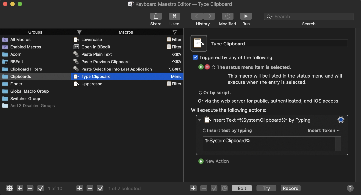 O aplicativo Mac Keyboard Maestro com uma macro mostrada na janela principal do aplicativo.