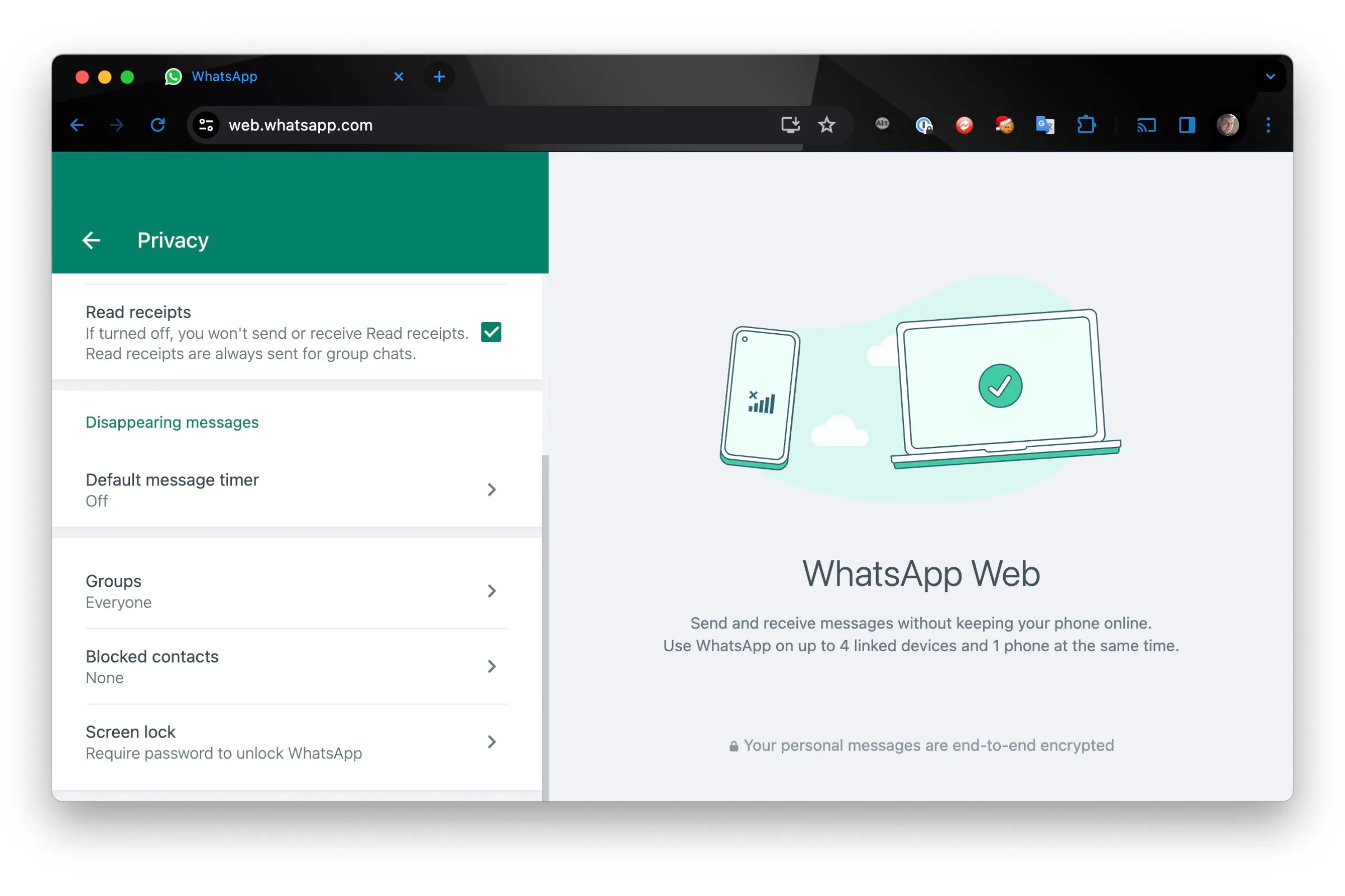 WhatsApp Web privacy settings in Chrome