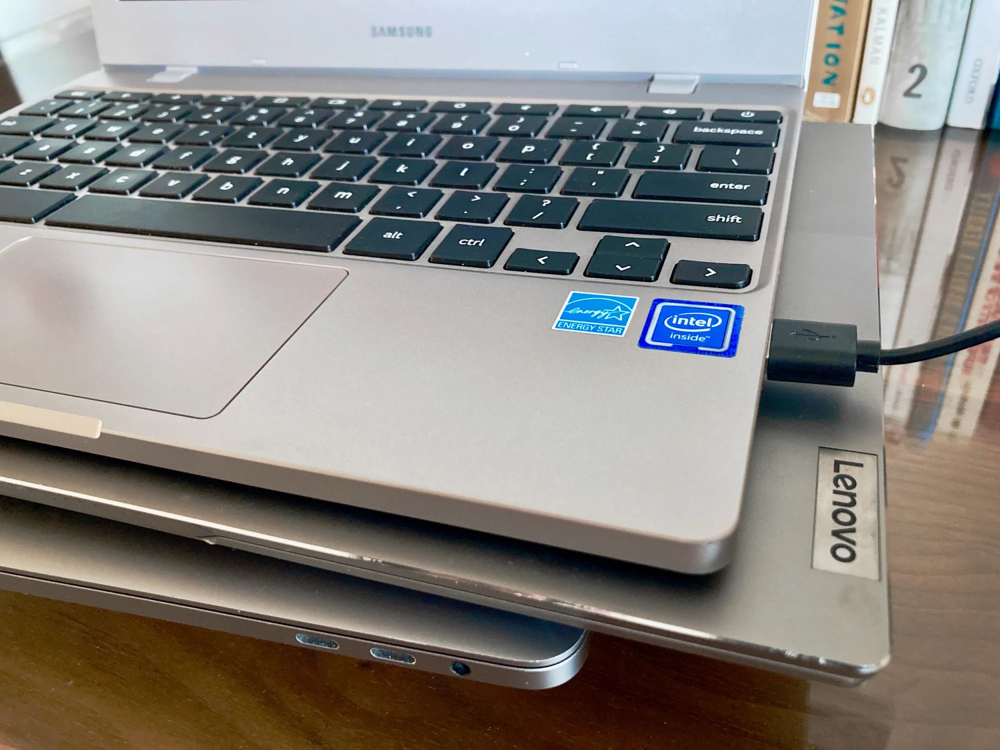 close-up view of Chromebook with “Intel Inside” sticker
