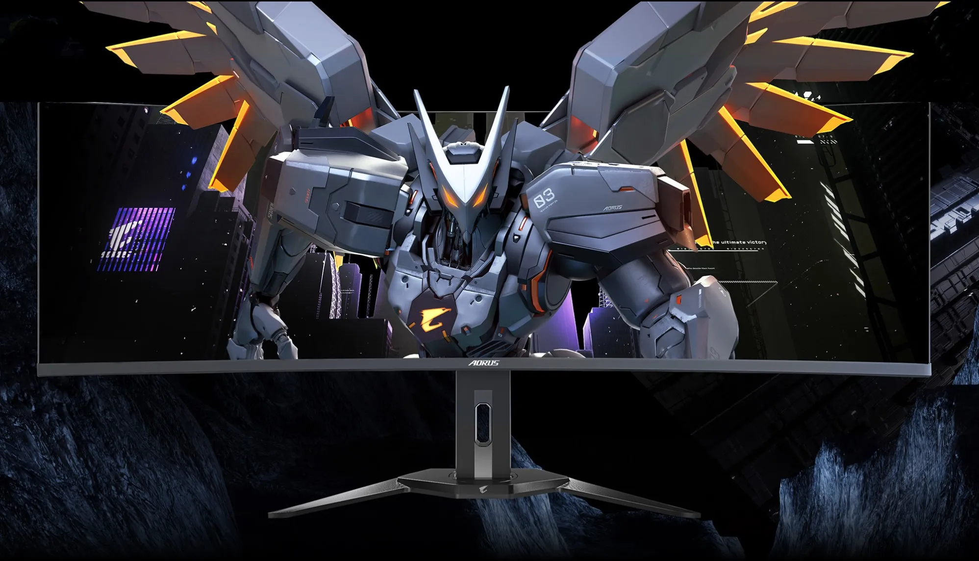 A new Gigabyte Aorus ultrawide monitor with a robotic figure stepping out of it.
