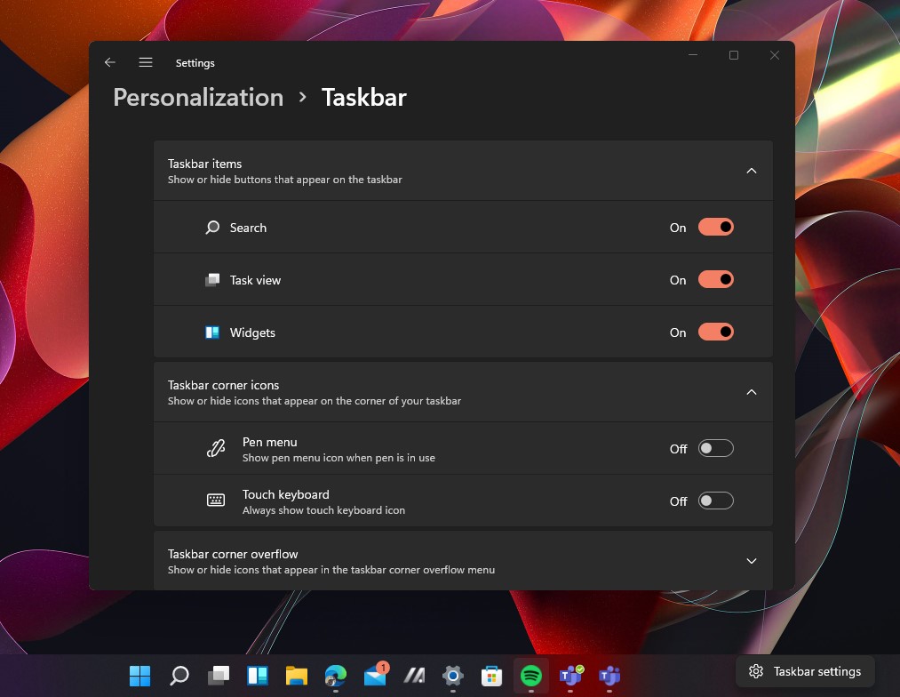 Configurações da barra de tarefas no Windows 11