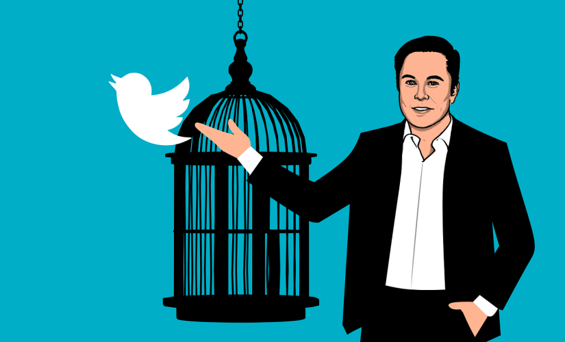 Immagine artistica di Elon Musk che 'libera' il logo di Twitter
