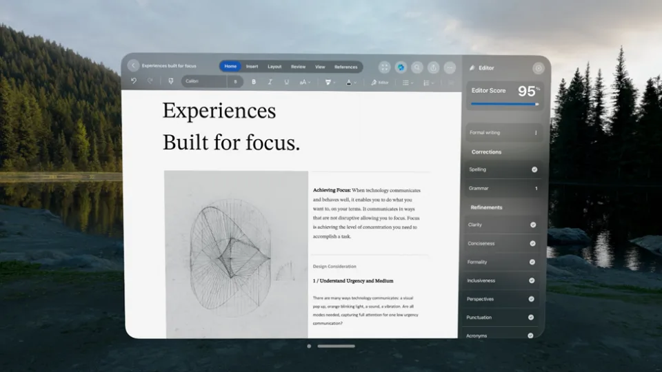 Captura de tela do aplicativo Microsoft Word no VisionOS. Uma janela flutuante de um documento intitulado 