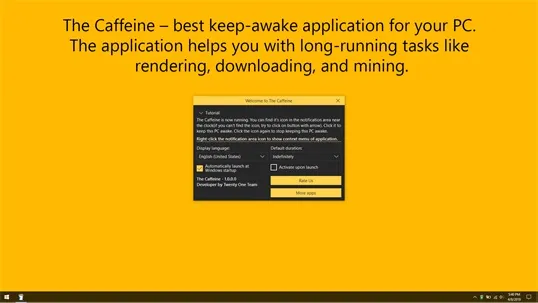 La pagina web dell'app Caffeine con uno sfondo giallo brillante