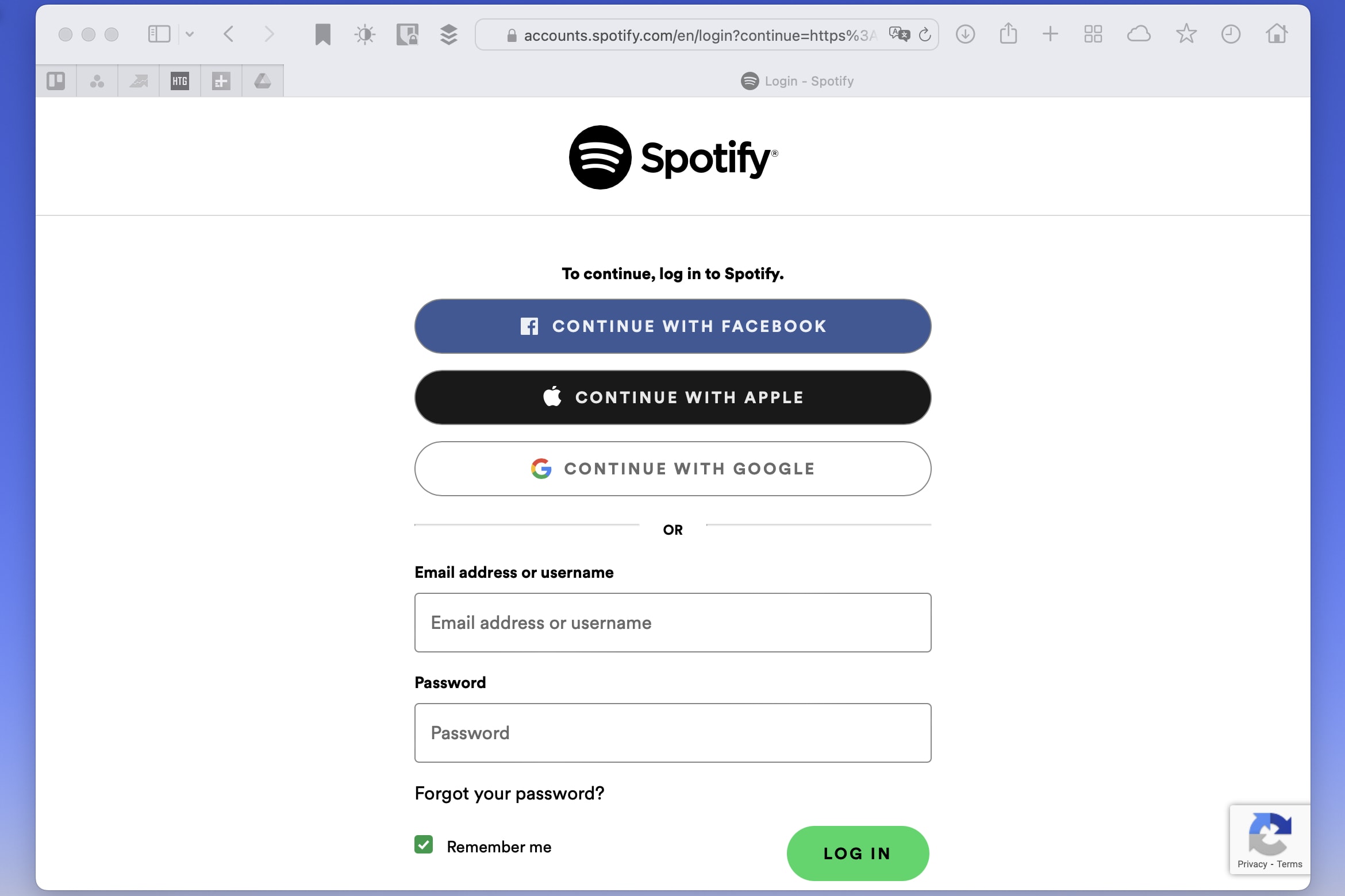 Opções de login do Spotify web player.