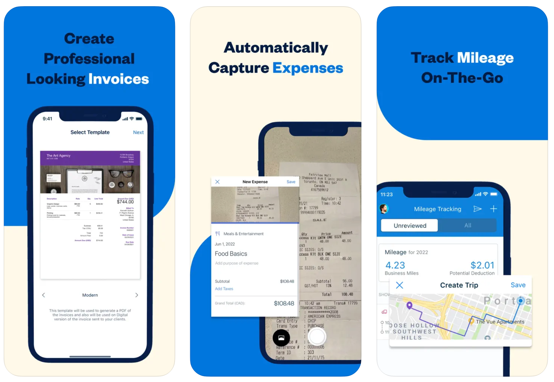 Tre screenshot dell'app FreshBooks
