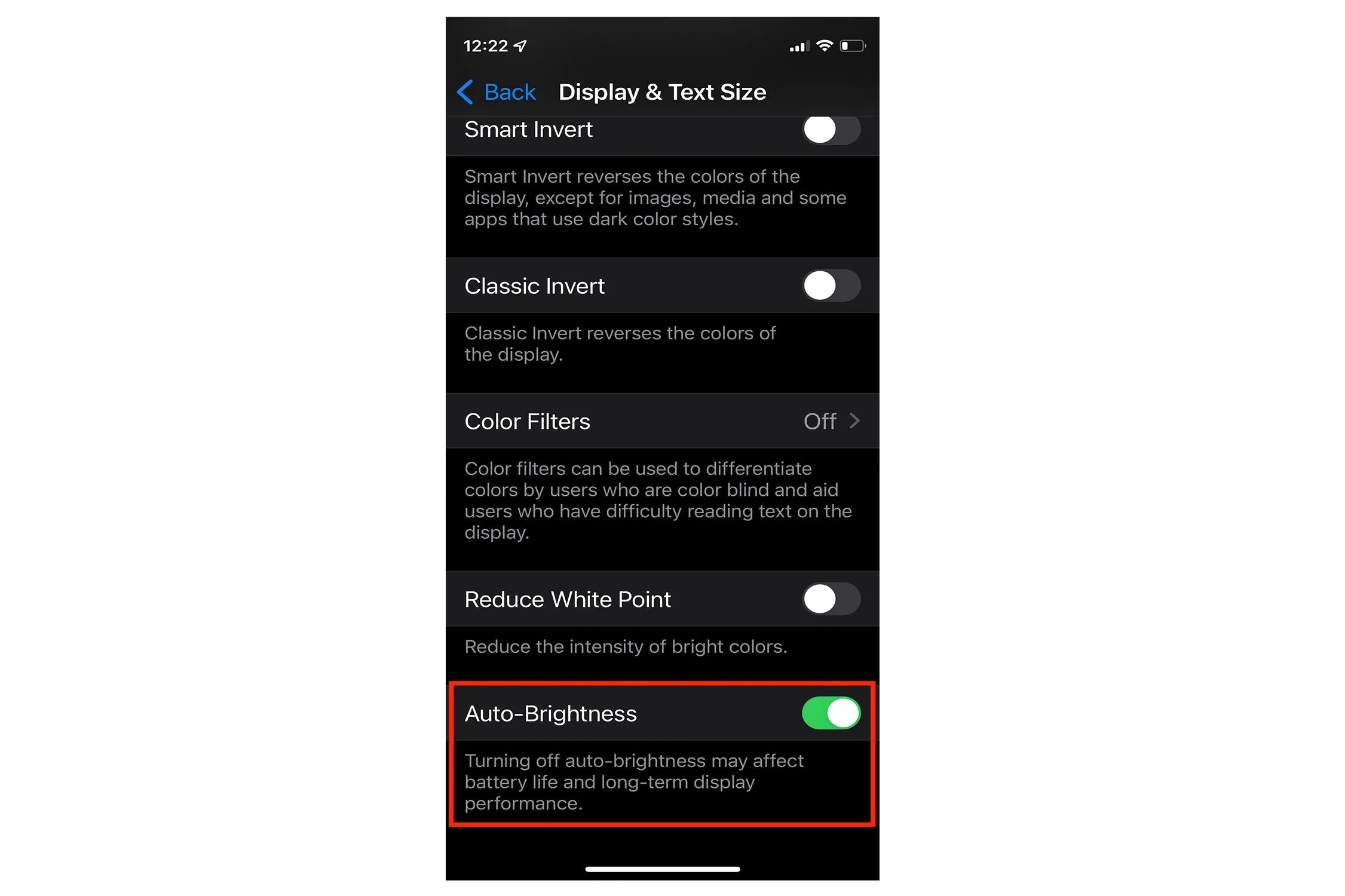 iOS auto brightness setting
