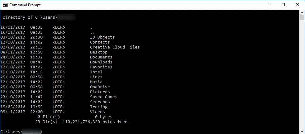 Running the DIR command in a Command Prompt Windows in Windows 10