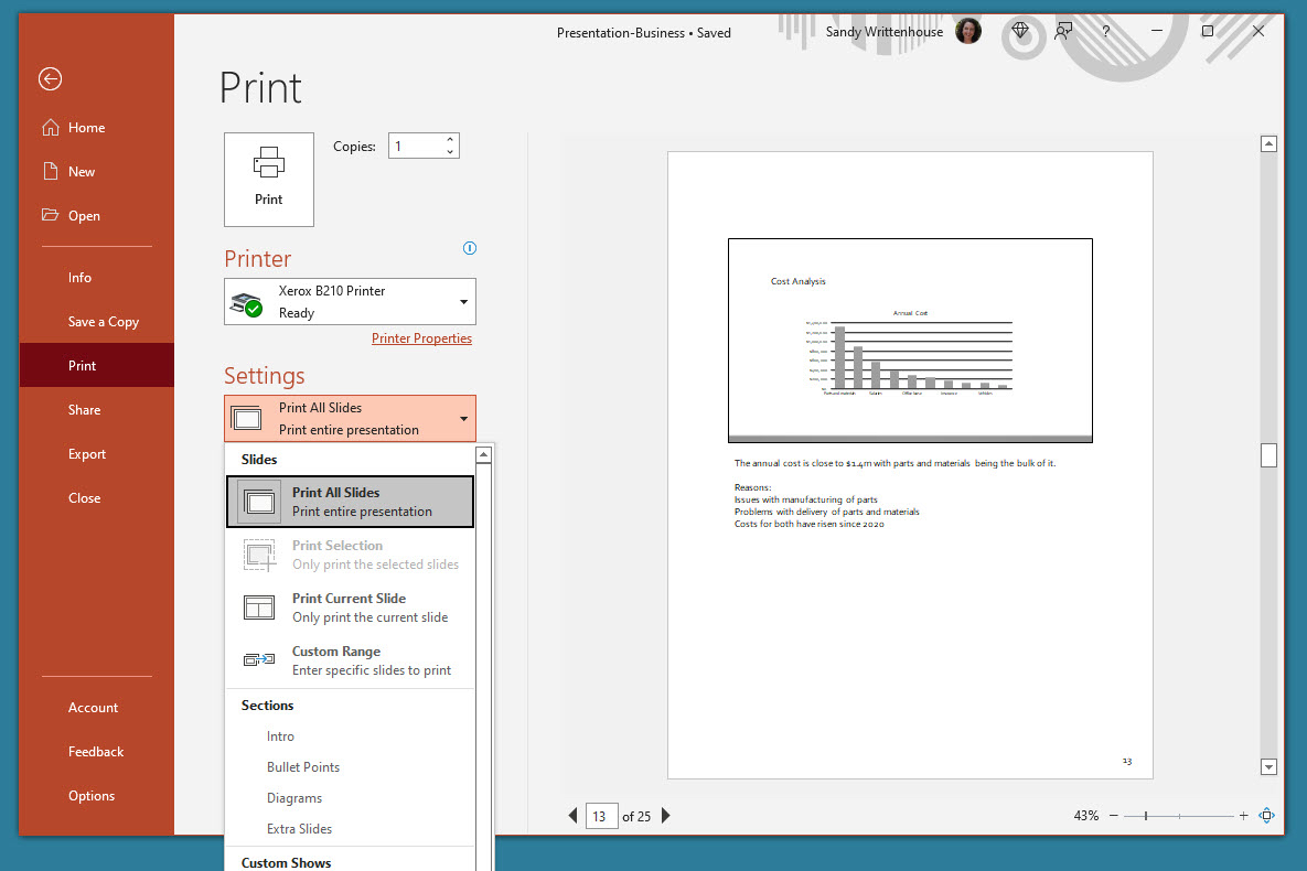 Stampa tutte le diapositive in PowerPoint su Windows
