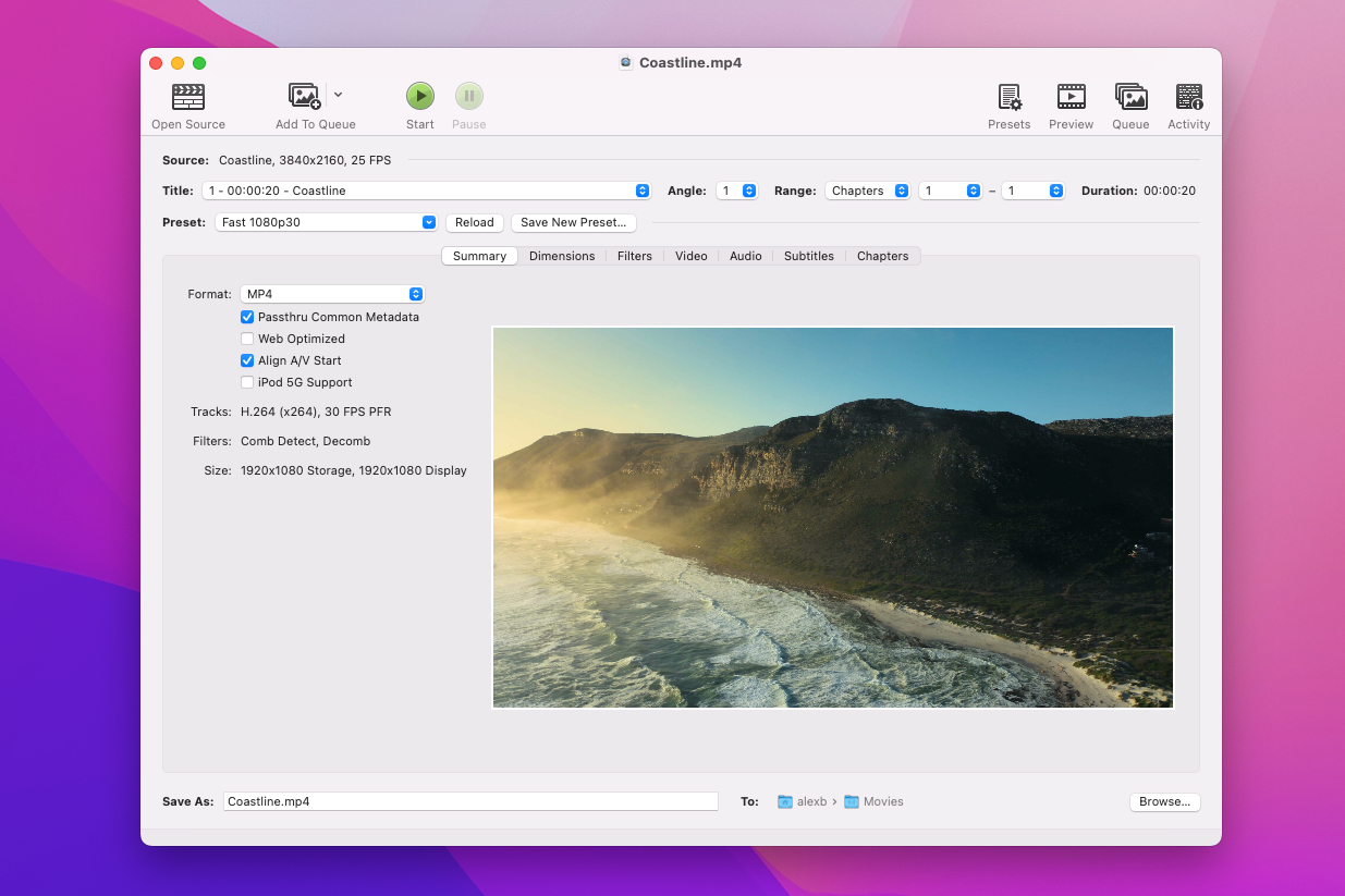 L'app Mac di HandBrake con un video caricato e pronto per essere elaborato.