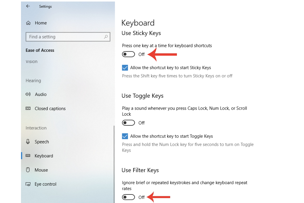 Disable Sticky and Filter Keys