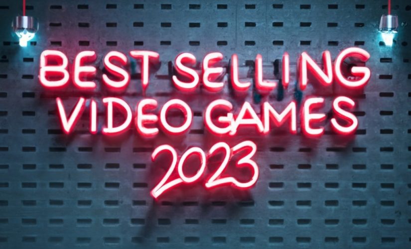 letreiros de neon dizendo os jogos de vídeo mais vendidos de 2023