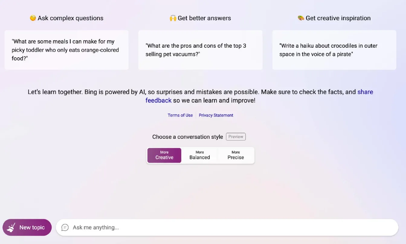I tre stili di conversazione disponibili in Bing Chat.