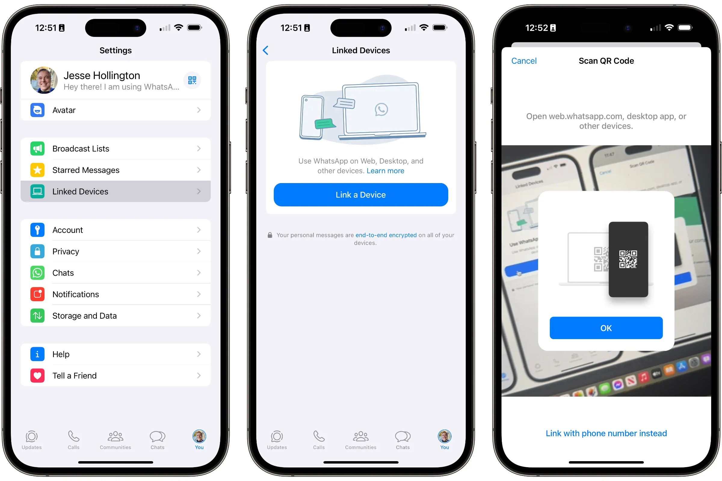 Три iPhone, показывающие шаги по подключению WhatsApp Web с iPhone с помощью сканирования QR-кода