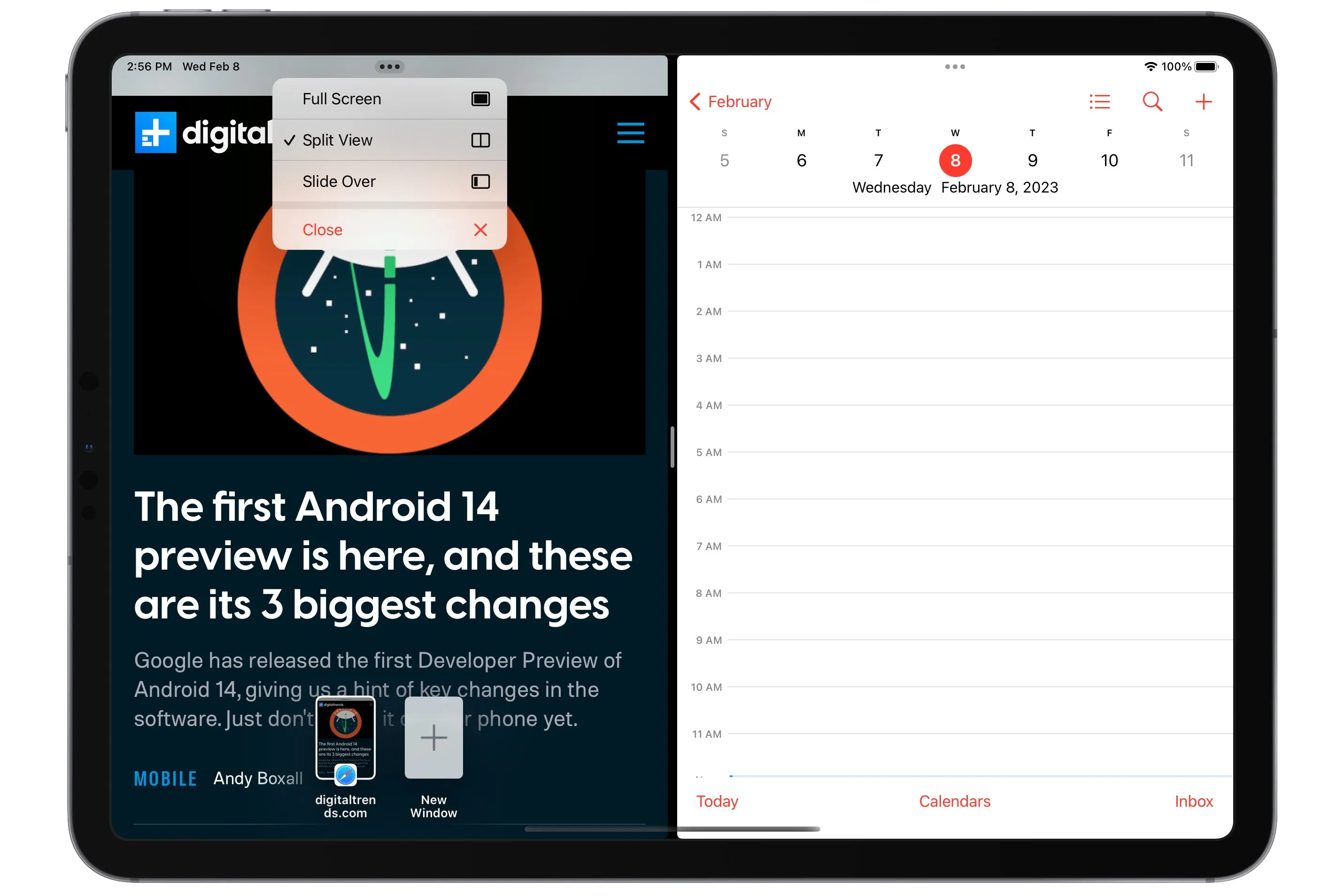 Safari and Calendar open on an iPad with multitasking layout menu open.