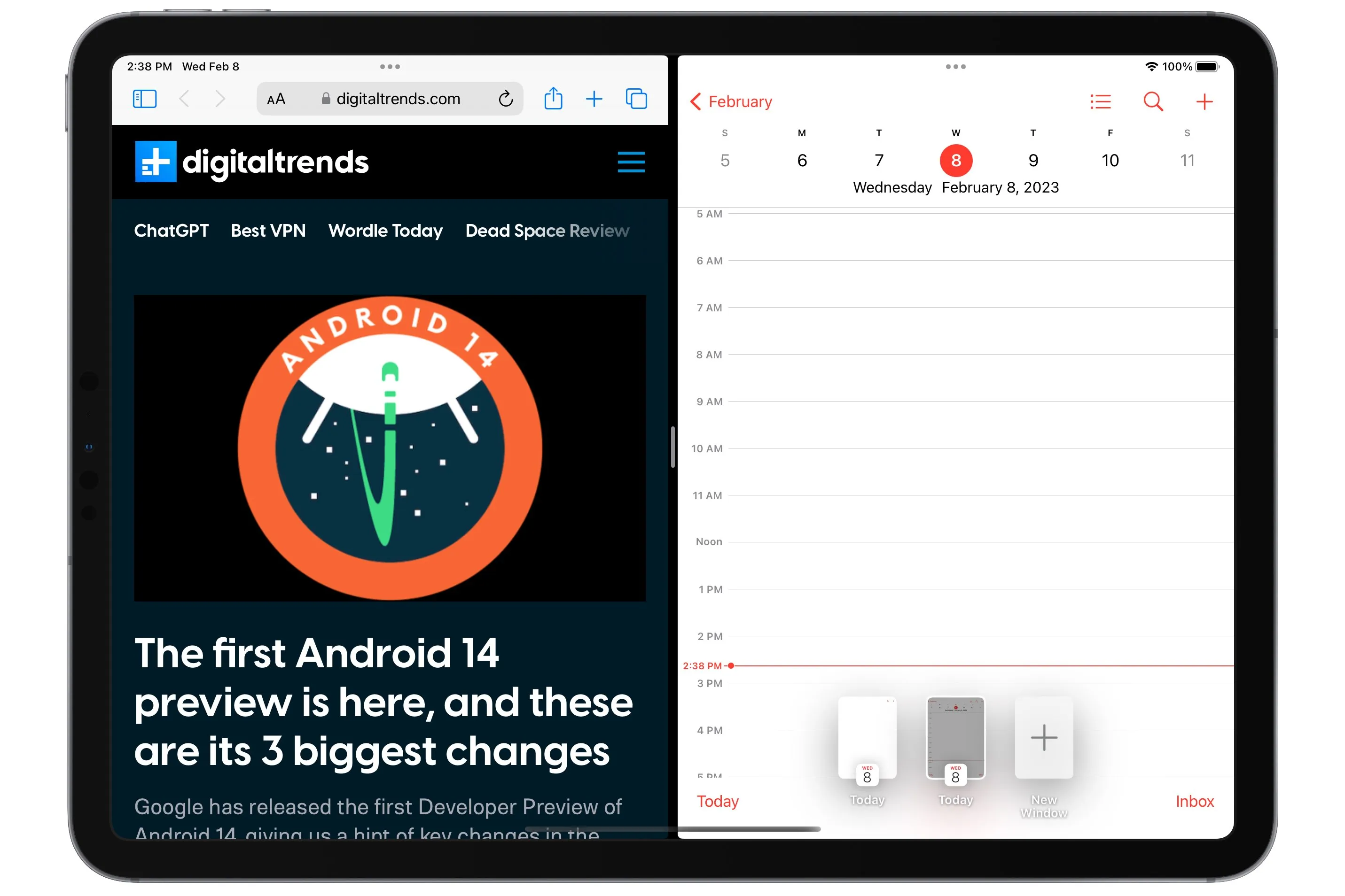 Safari and Calendar open in Split View on an iPad.