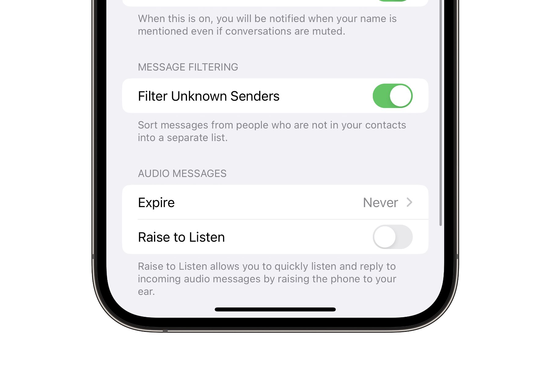 iPhone showing Filter Unknown Senders switch in Messages settings