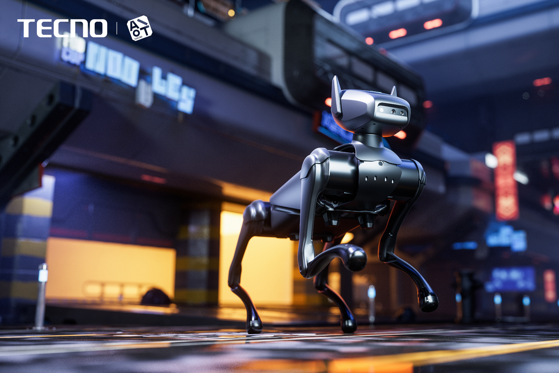 Il cane robotico Tecno Dynamic 1 su uno sfondo cyberpunk.