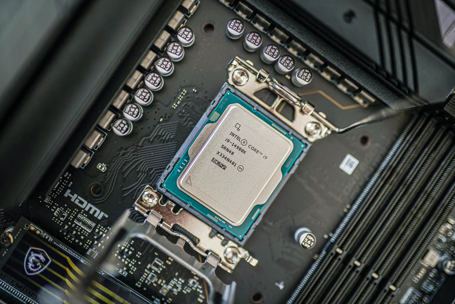 Intel’s 14900K CPU socketed in a motherboard.
