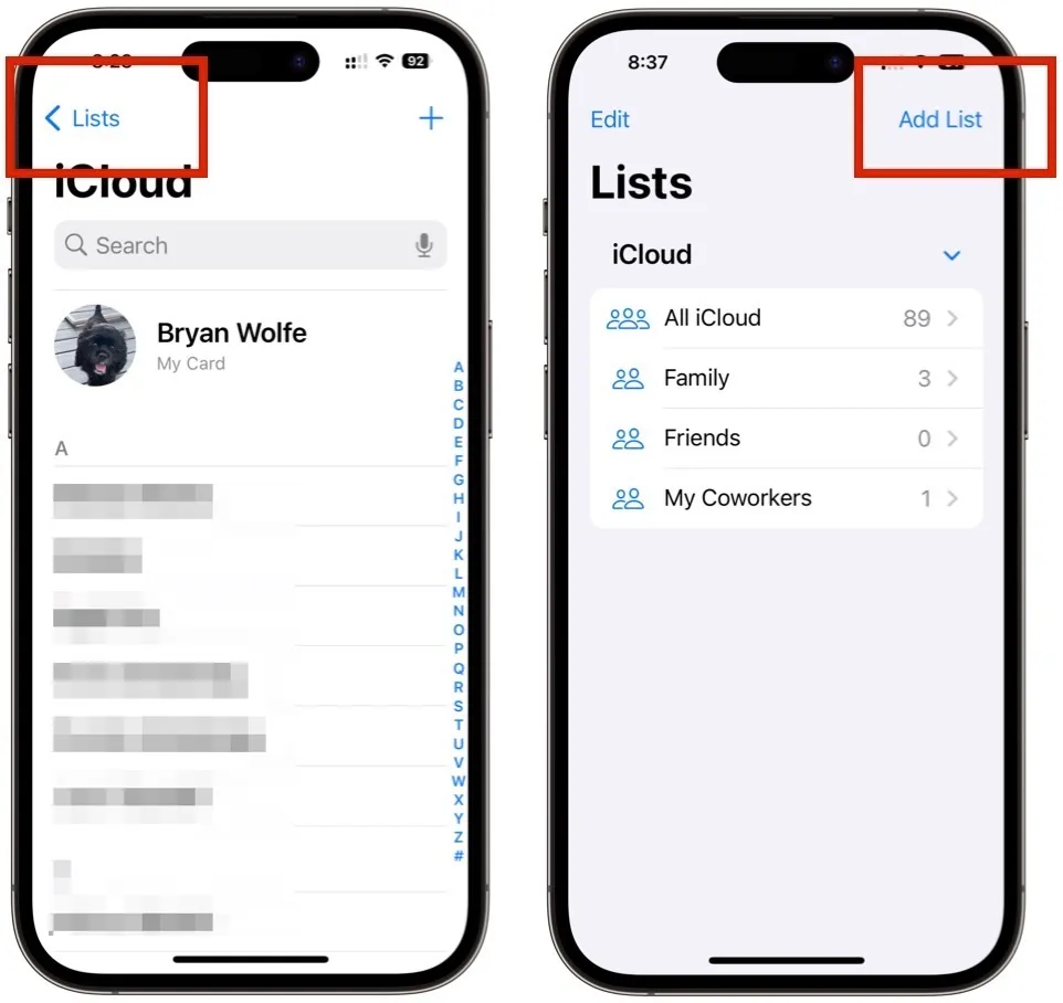 Adicionando contatos a uma lista no app Contatos
