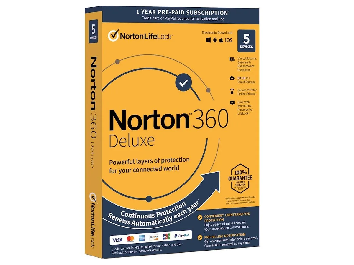 Коробка с антивирусным программным обеспечением Norton 360 Deluxe с LifeLock.