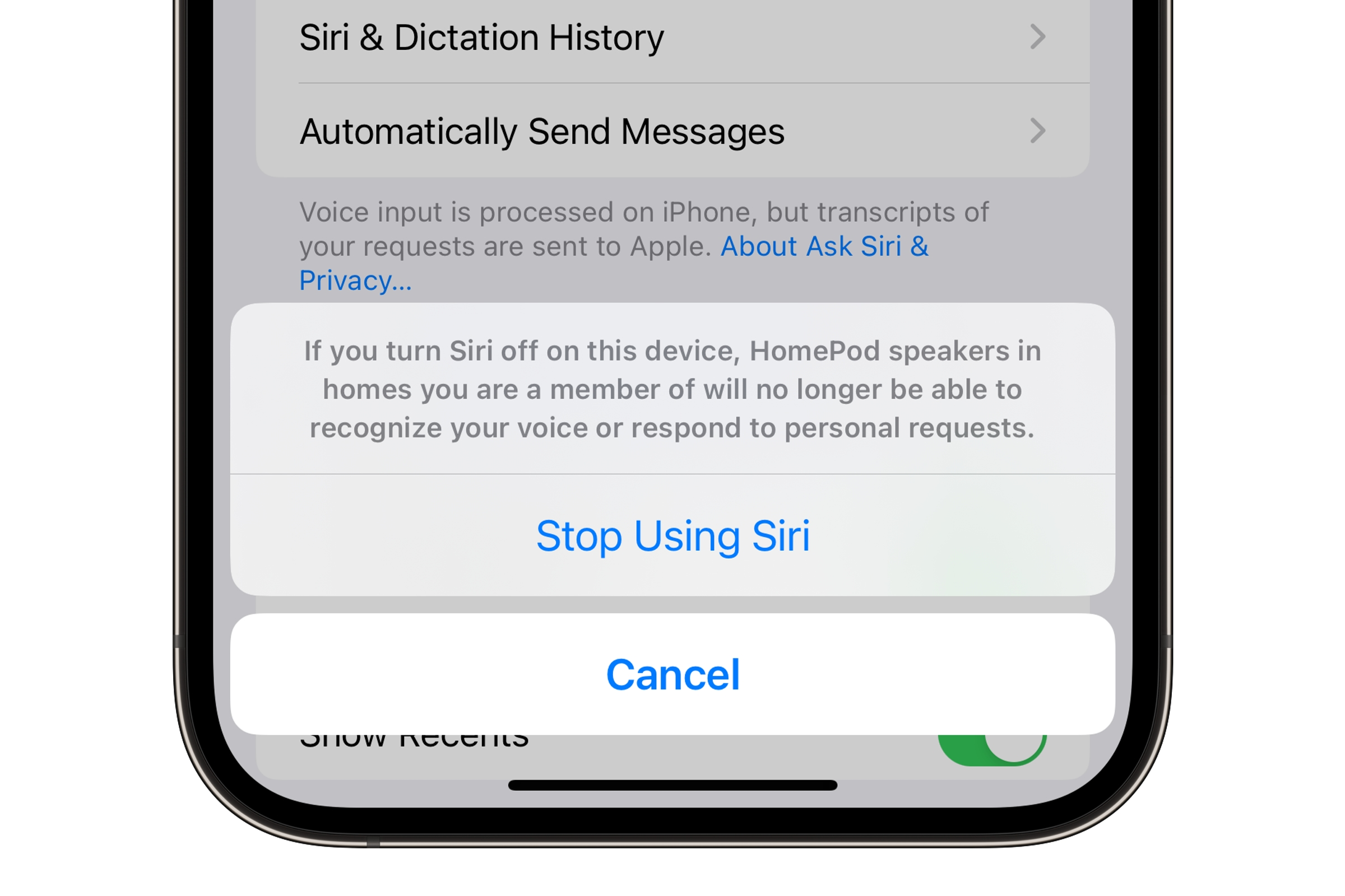 Conferma smetti di utilizzare Siri