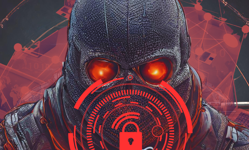 O malware caçador-assassino furtivo aumenta em 333%, mostra relatório. Ilustração de hacker de capuz com olhos vermelhos atrás de um cadeado de segurança e rede de computadores com tonalidade vermelha ao fundo.