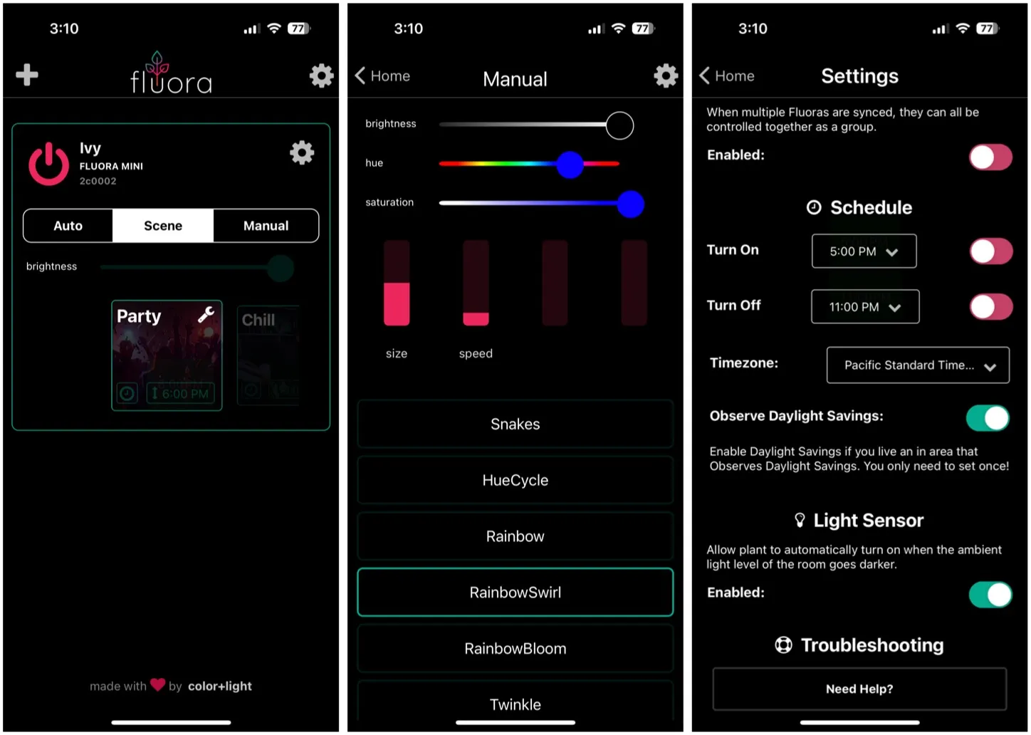 Screenshots dell'app Fluora su iOS