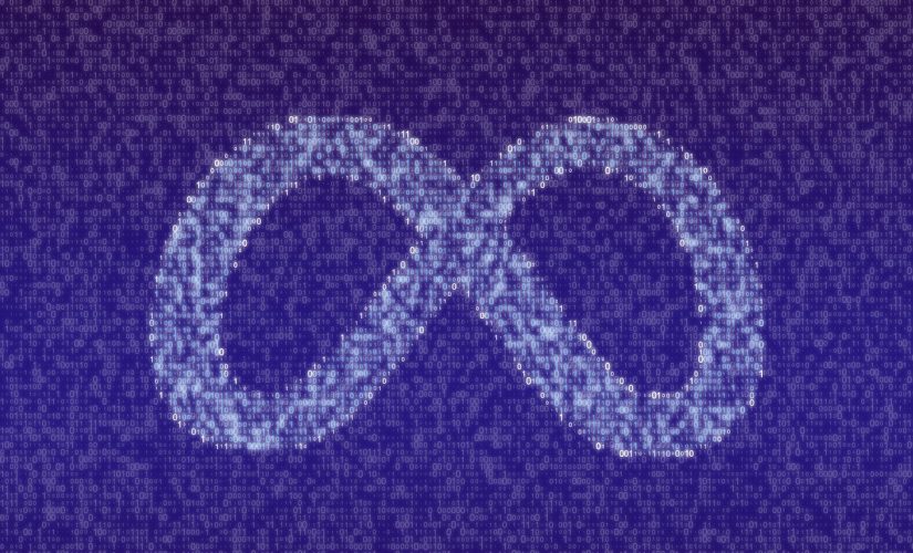 Uma imagem do logotipo da Meta em cima de uma colagem de código binário usado para simbolizar o Metaverso e uma referência ao filme The Matrix.