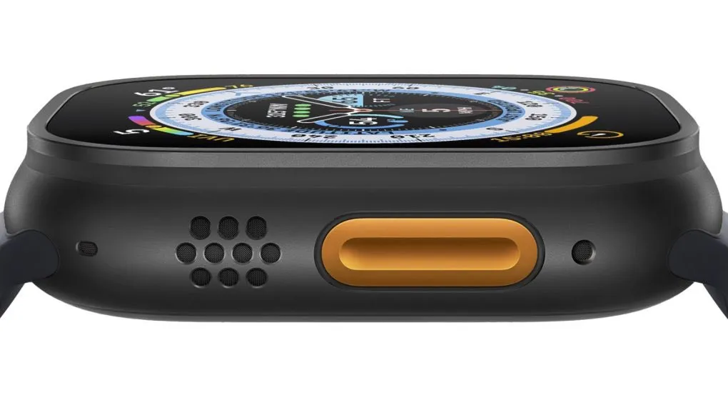 带有深色钛金属饰面的 Apple Watch Ultra 2 模型。