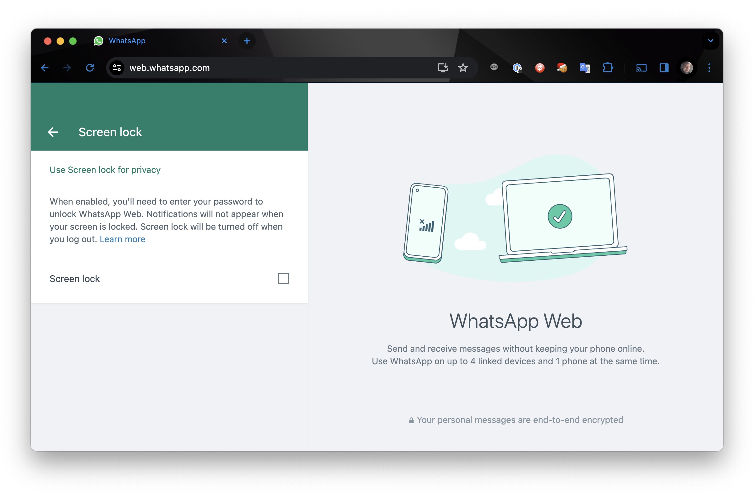 WhatsApp Web screen lock settings in Chrome