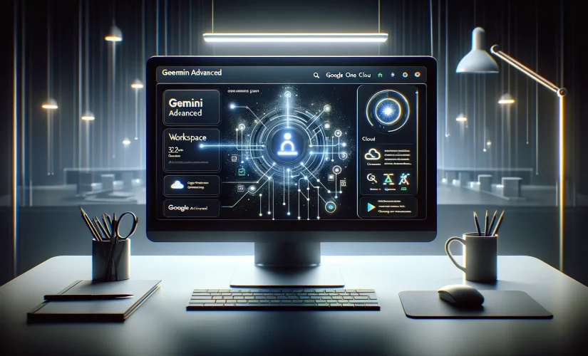 Espacio de trabajo minimalista moderno con una pantalla de computadora que muestra la interfaz Gemini Advanced, incluidos los íconos de Google Workspace, Cloud y el plan Google One AI Premium, con líneas brillantes y patrones digitales que enfatizan la tecnología de IA.