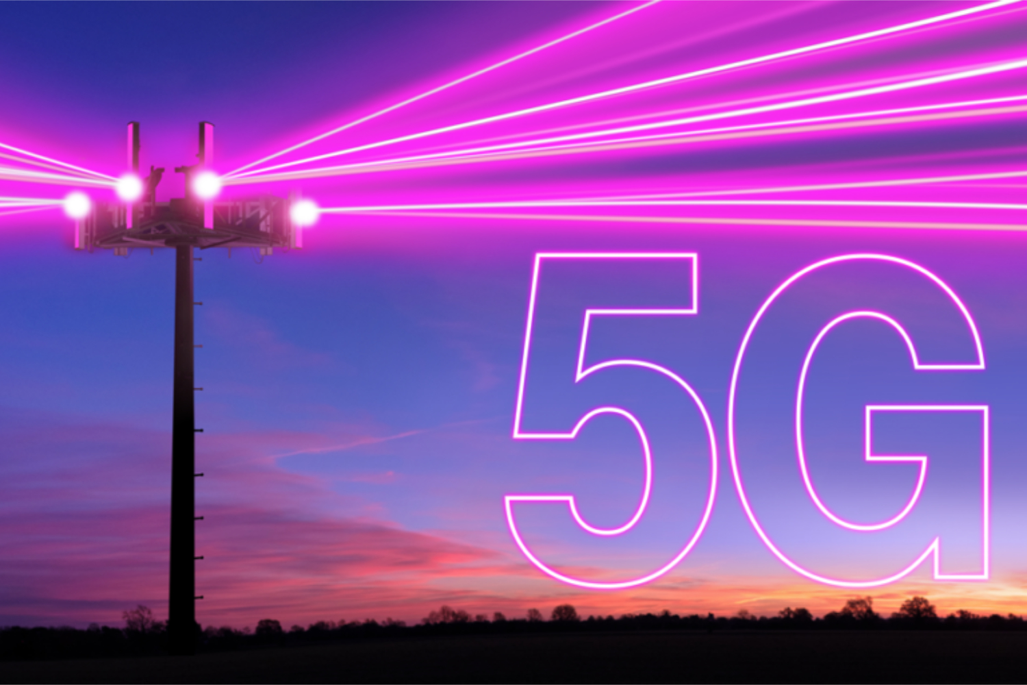 Башня мобильной связи излучает розовые лучи с логотипом 5G рядом