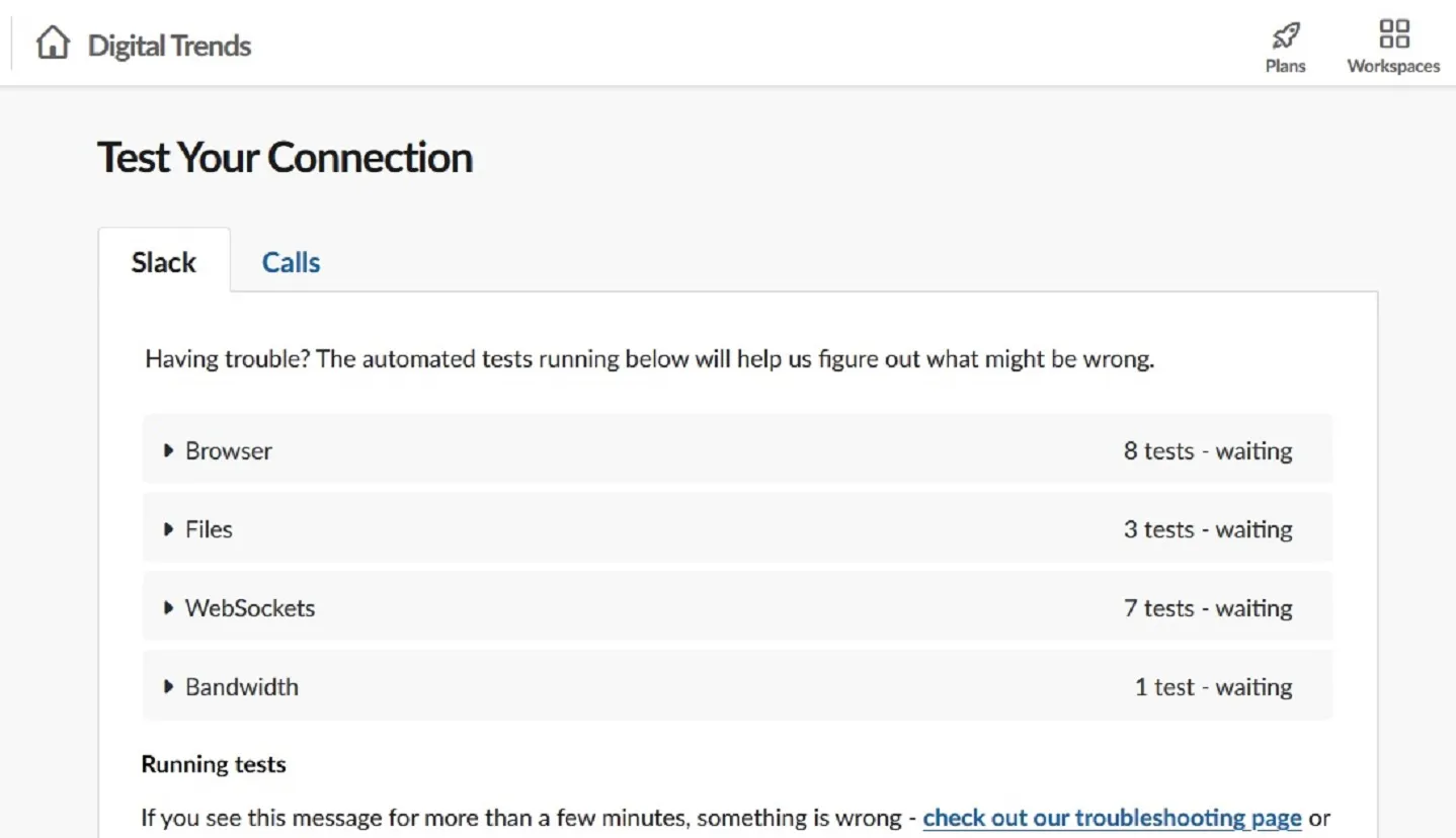 Captura de tela do site de teste do Slack