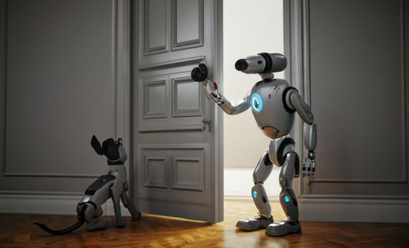 Immagine generata da intelligenza artificiale di un cane robot che apre una porta