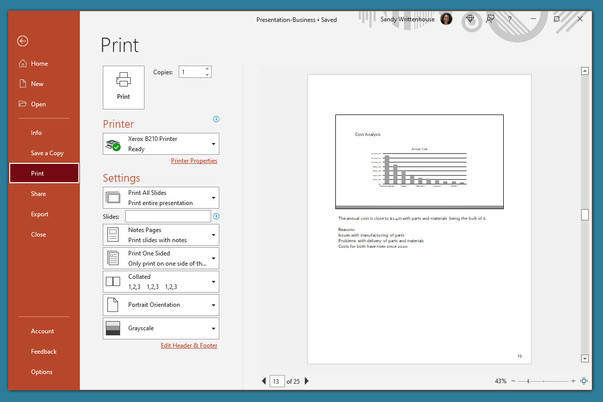 Schermata di stampa in PowerPoint su Windows