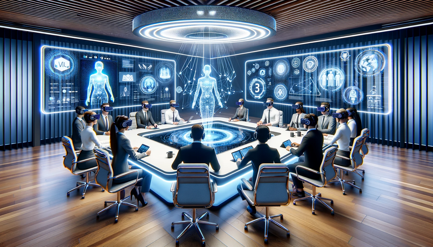 Sala de reuniones virtual de alta tecnología con diversos avatares alrededor de una mesa holográfica, mostrando la interfaz de Microsoft Mesh y los logotipos de Microsoft Teams, simbolizando el trabajo híbrido.