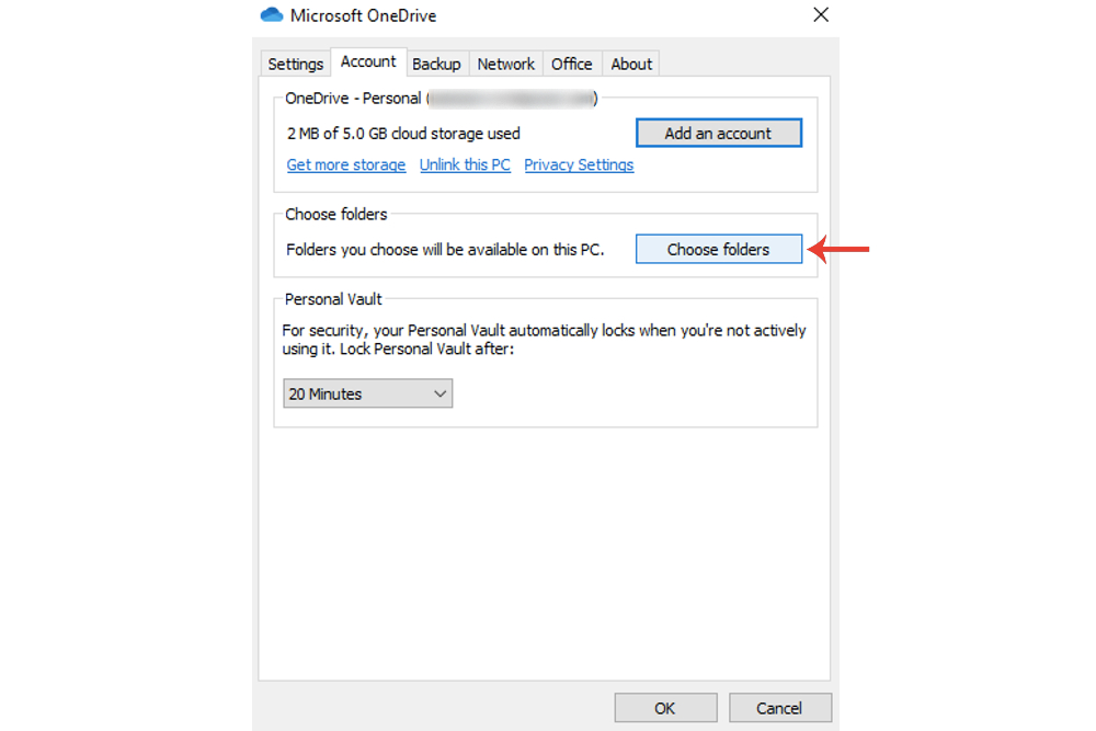 O botão Escolher pastas para o Microsoft OneDrive no Windows 10.