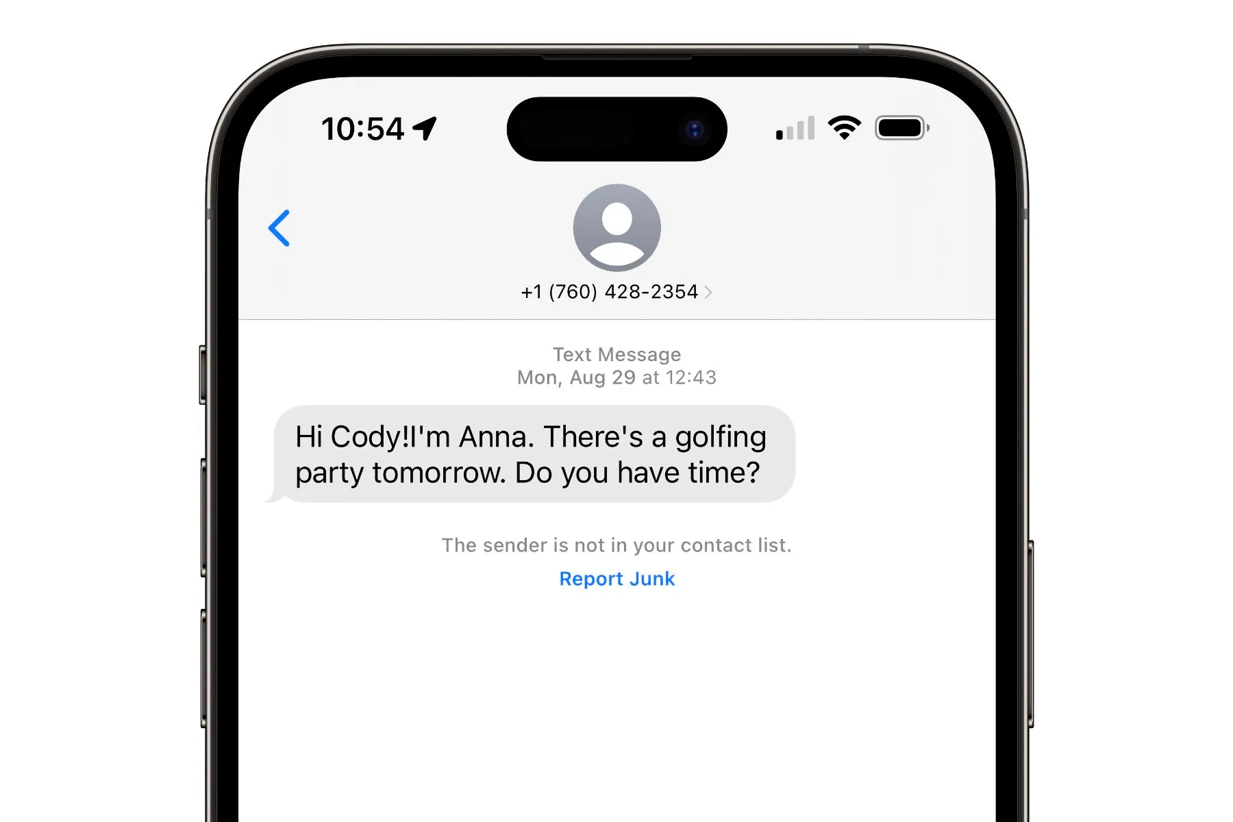 Exemplo de uma mensagem de spam no aplicativo Mensagens do iPhone