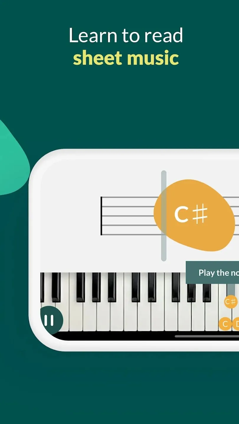 Aplicación de aprendizaje de piano Skoove con opciones de partituras y canciones.