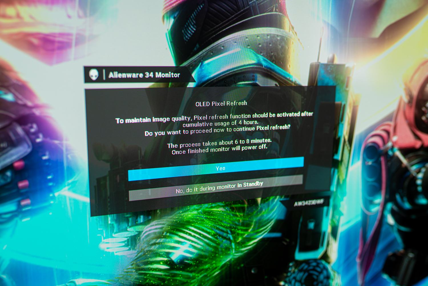 Una notifica di burn-in sull'Alienware 34 QD-OLED.