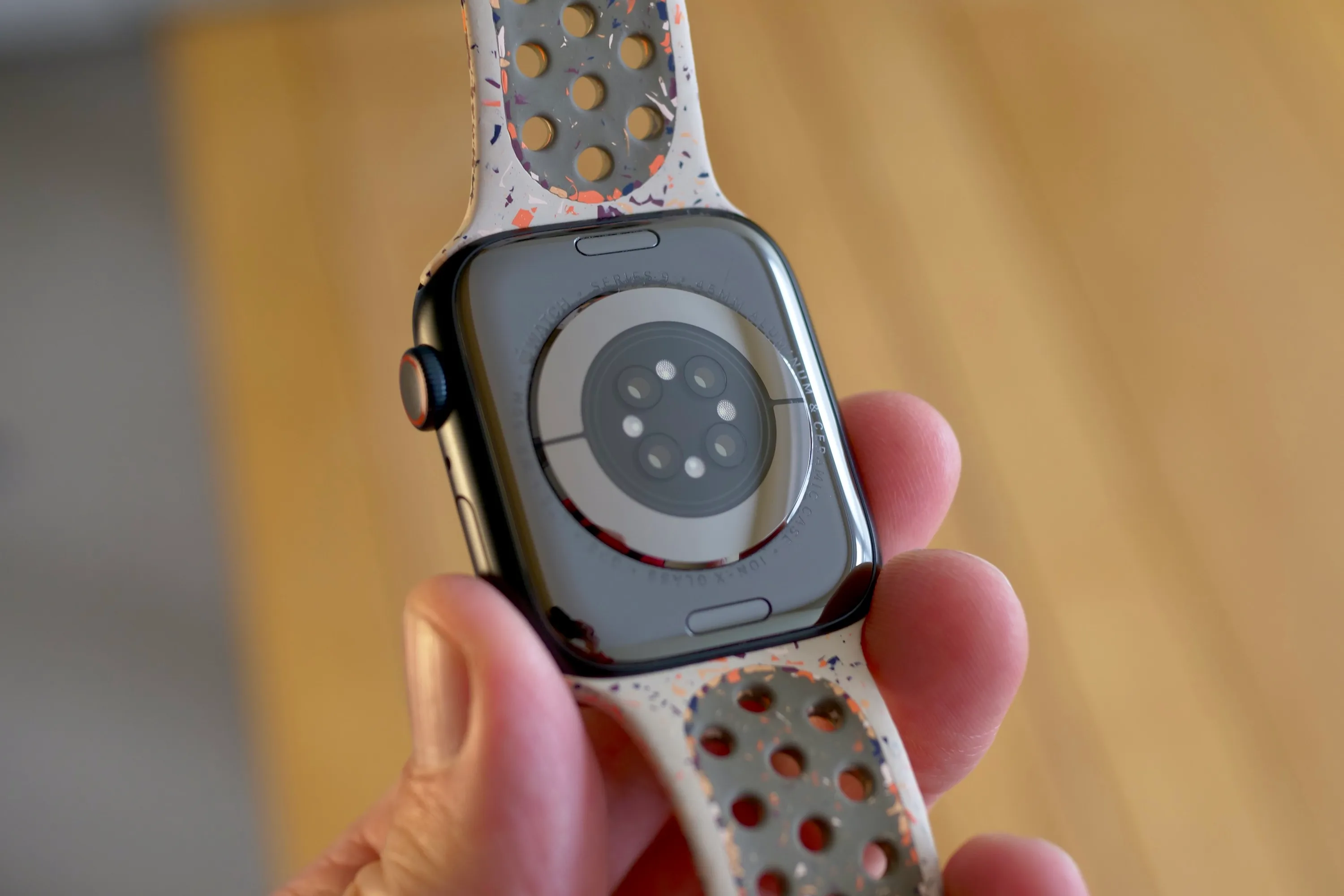 The Apple Watch Series 9’s case back and sensors.