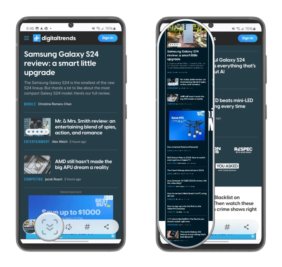 Faça uma captura de tela no Galaxy S24 e selecione o botão de captura de tela rolável até capturar tudo o que precisa.
