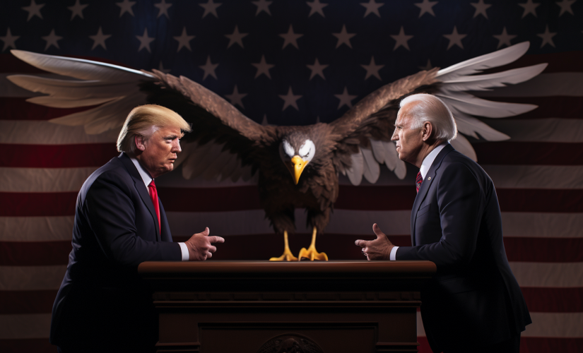 Uma imagem gerada por IA de Donald Trump e Joe Biden enfrentando um ao outro em dois púlpitos com uma grande águia americana ao fundo.