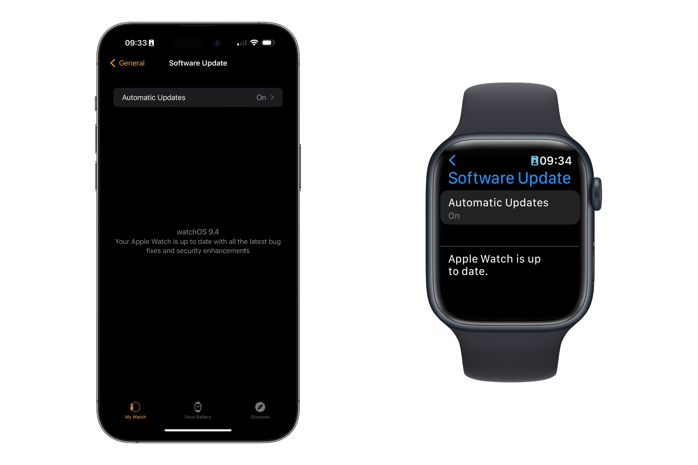 Verificando as atualizações do watchOS em um Apple Watch e iPhone.