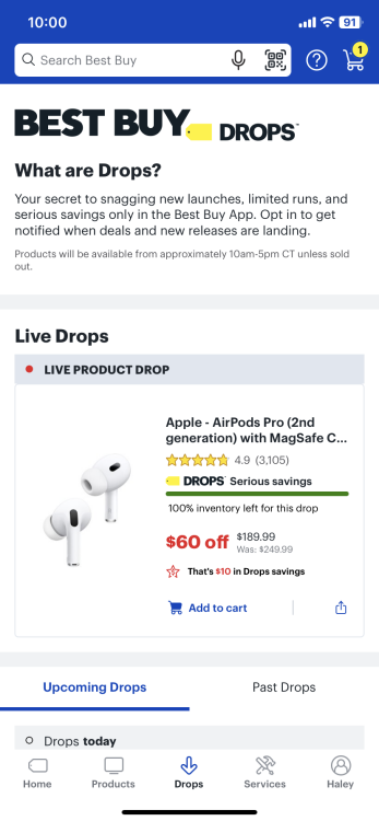 Screenshot dell'offerta dei AirPods Pro su Best Buy app