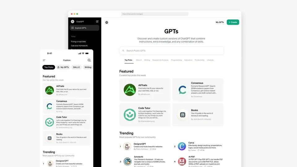 Screenshot di OpenAI del GPT Store di ChatGPT. Evidenzia le app in primo piano di All Trails, Consensus, Code Tutor e Libri.