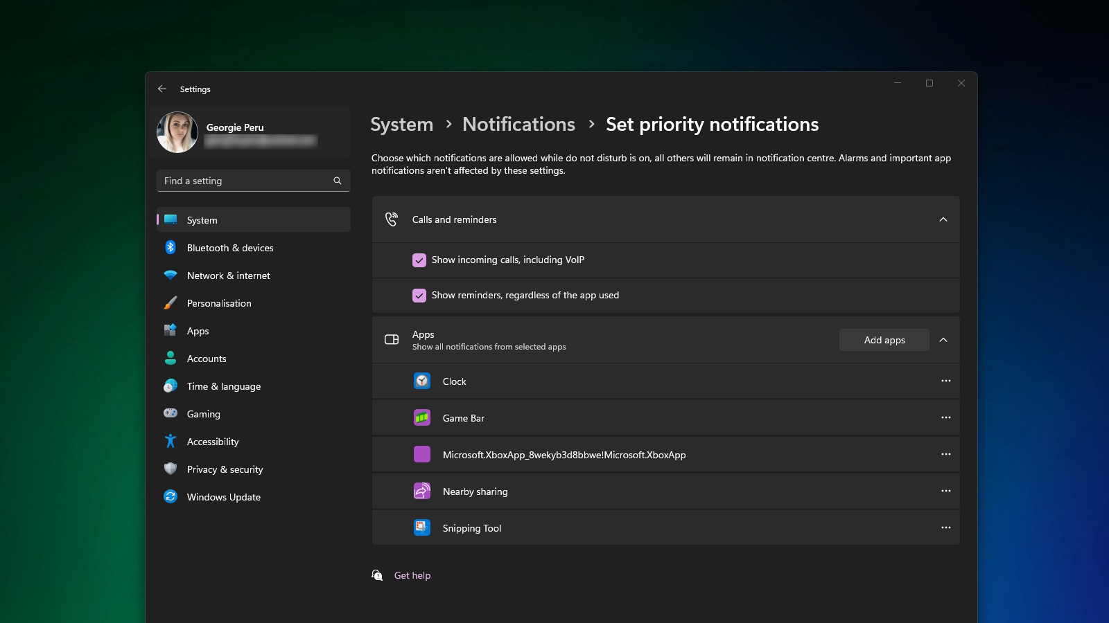 L'impostazione delle notifiche prioritarie in Windows 11.