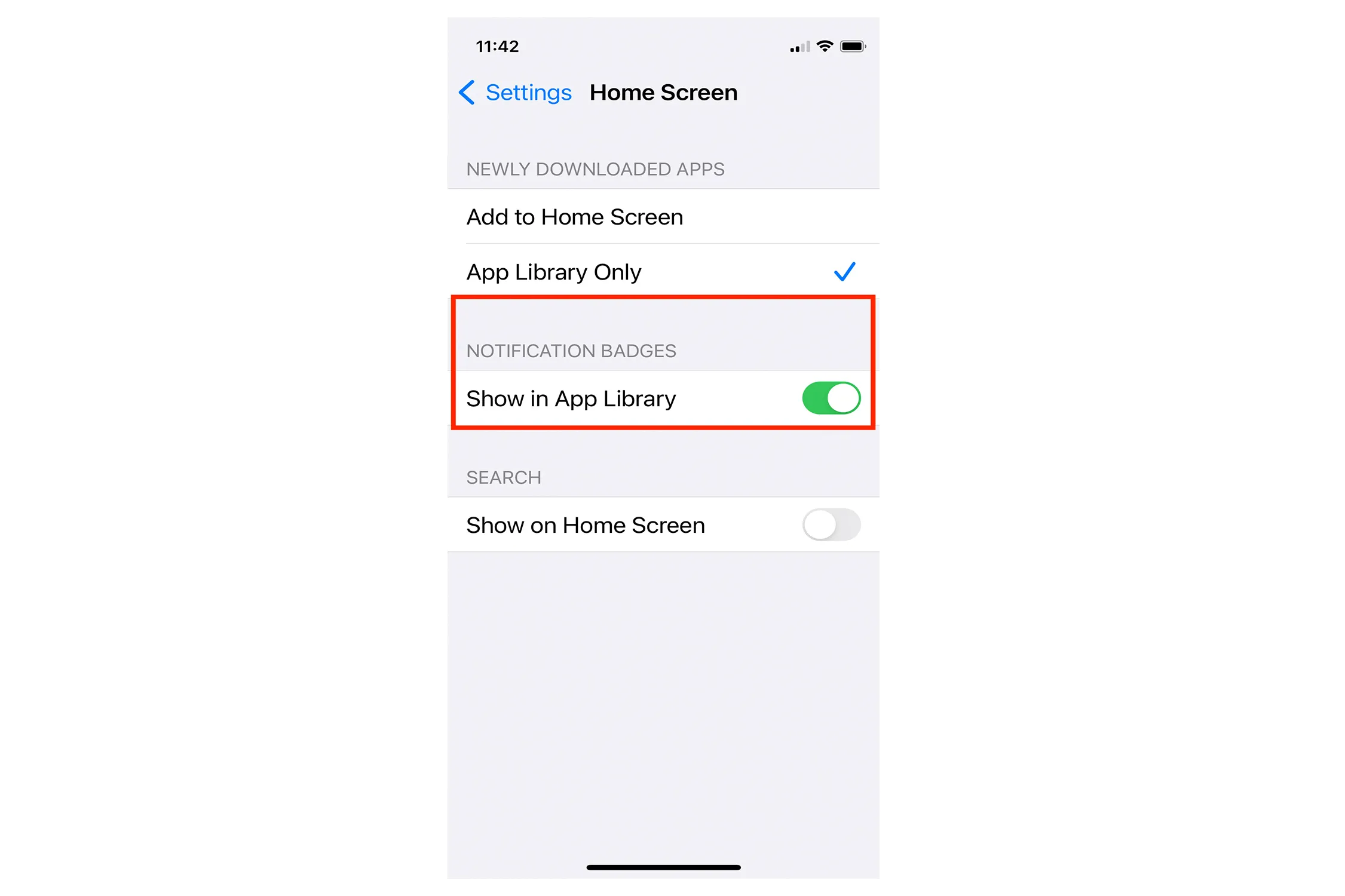 Interruptor de insignias de pantalla de inicio de iOS.